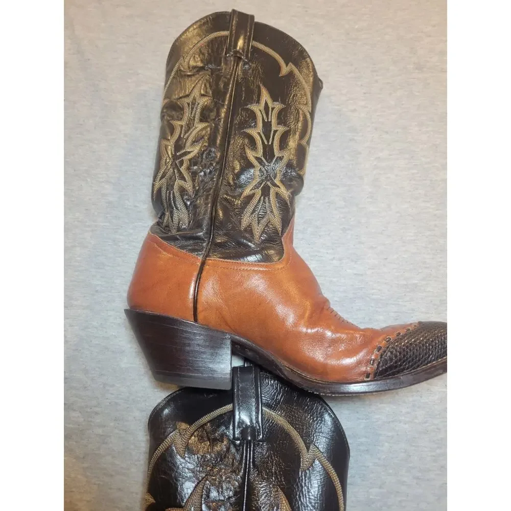 Vintage Tony Lama 6951 Men Brown Western Cowboy Boots J Toe Leather USA W Box